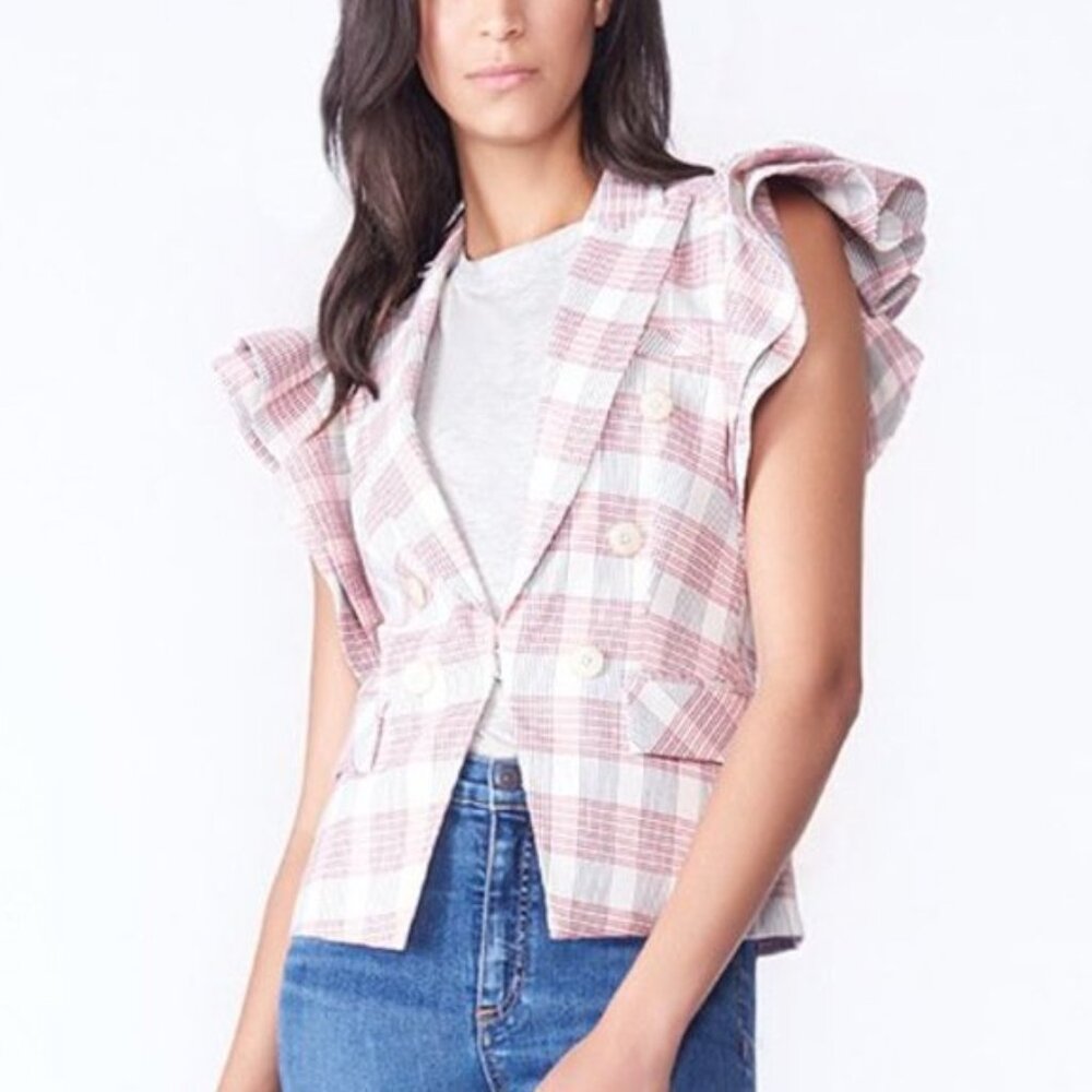 Veronica Beard Rosa Red & White Plaid Ruffle-Sleeve Vest